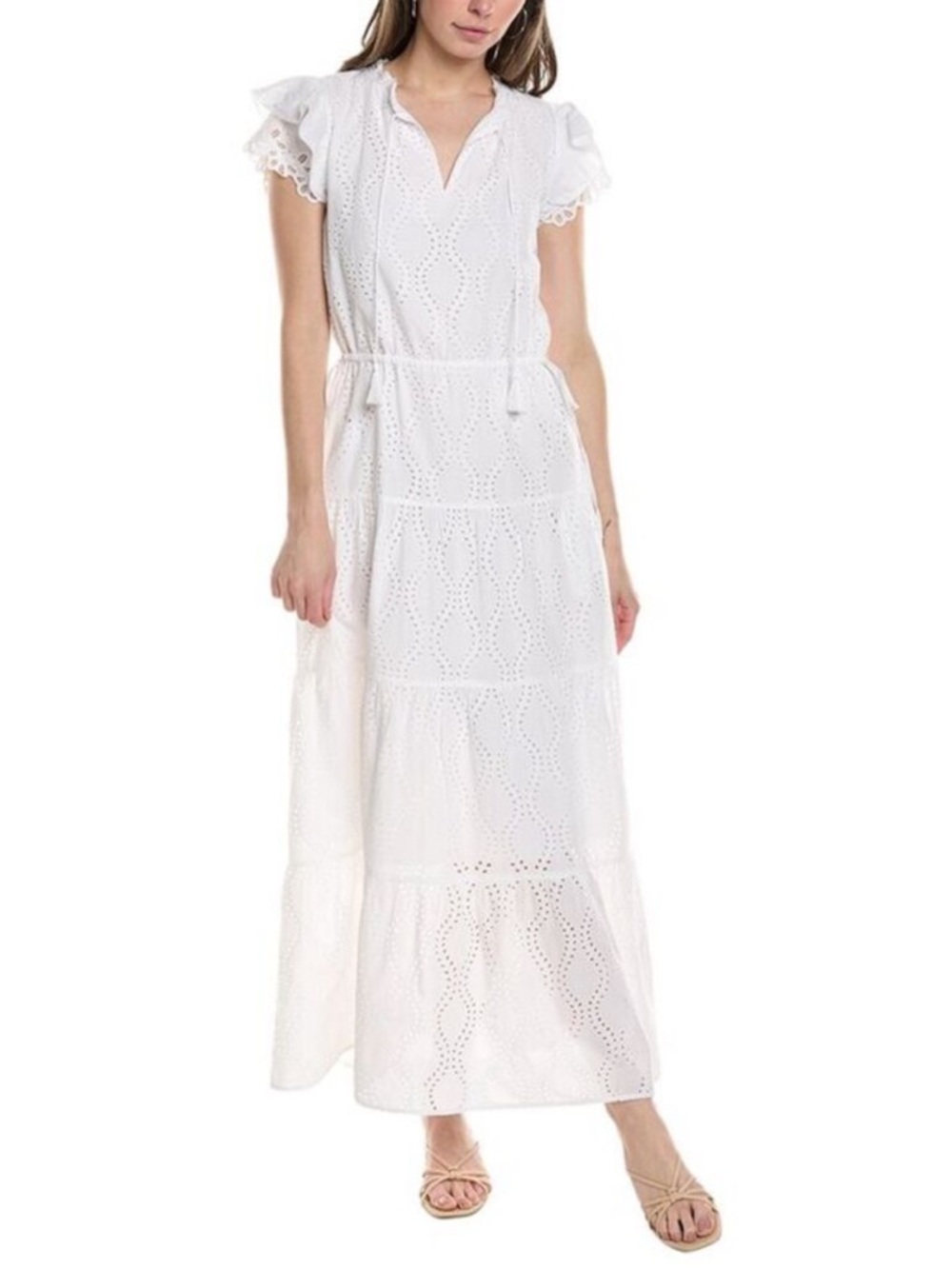 J. McLaughlin Solid Elana White Eyelet Maxi Dress with Ruffle Sleeves